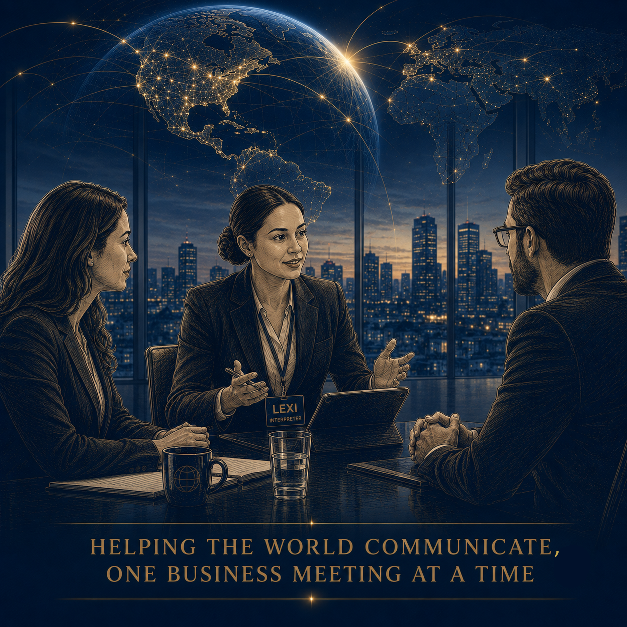 Business professionals communicating with an interpreter